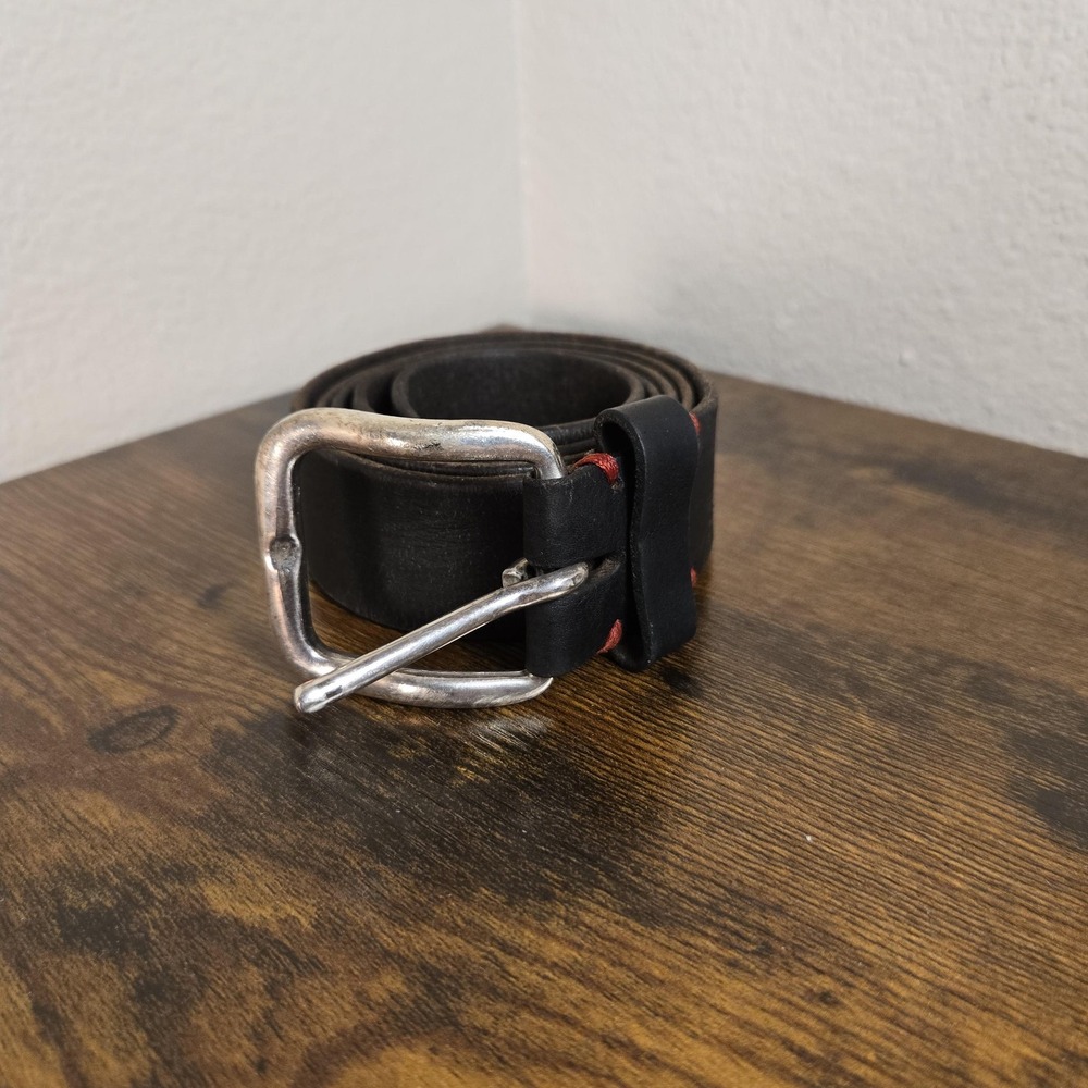 Lucky Brand Belt Mens 36 Black Leather Red Stitch Silver Buckle Casual Dress